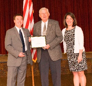 Besselman (l) and Way (r) present Ray Kervahn with a pin and certificate of appreciation for his previous service as chapter president from 1988-1989 as the chapter's 55th anniversary celebration continues in June.